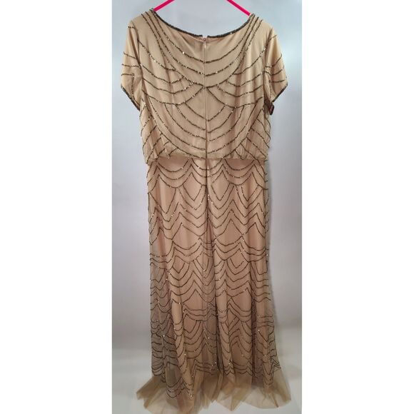 Adrianna Papell Peach Nude Sequin Beaded Art Deco Godet Hem Maxi Dress Gown 14P - Picture 6 of 9